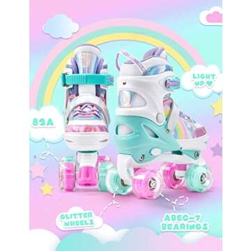 SULIFEEL Rainbow Unicorn 4 Size Adjustable Light up Roller Skates for Girls Boys for Youth Large