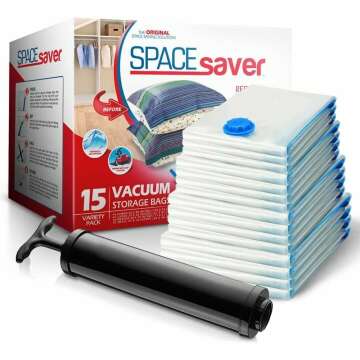 Spacesaver Vacuum Storage Bag, Variety 15 Pack - Save 80% Clothes Storage Space - Vacuum Sealer Bags for Comforters, Blankets, Bedding, Clothing - Compression Seal for Closet Storage - Pump for Travel