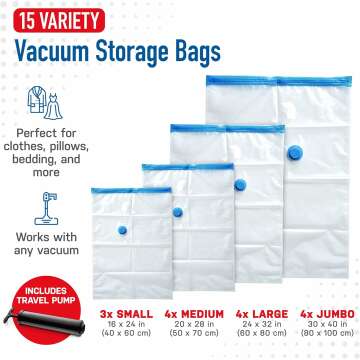 Spacesaver Vacuum Storage Bag, Variety 15 Pack - Save 80% Clothes Storage Space - Vacuum Sealer Bags for Comforters, Blankets, Bedding, Clothing - Compression Seal for Closet Storage - Pump for Travel