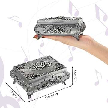 ELLDOO Vintage Music Box, Silver Metal Musical Jewelry Box Keepsake Box, Small Trinket Jewelry Storage Box Gift for Girl Women (Tune: You are My Sunshine)