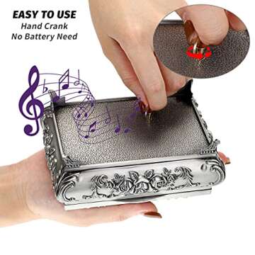 ELLDOO Vintage Music Box, Silver Metal Musical Jewelry Box Keepsake Box, Small Trinket Jewelry Storage Box Gift for Girl Women (Tune: You are My Sunshine)