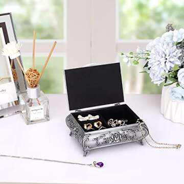 ELLDOO Vintage Music Box, Silver Metal Musical Jewelry Box Keepsake Box, Small Trinket Jewelry Storage Box Gift for Girl Women (Tune: You are My Sunshine)