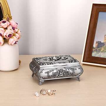 ELLDOO Vintage Music Box, Silver Metal Musical Jewelry Box Keepsake Box, Small Trinket Jewelry Storage Box Gift for Girl Women (Tune: You are My Sunshine)