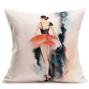 Fukeen Set of 4 Ballerina Pillow Case Watercolor Painting Girl Ballet Dancer Pillows Cushion Cover Home Girls Room Decor Cotton Linen Decorative Pillow Covers 18 x 18 Inch (Dance Girl)