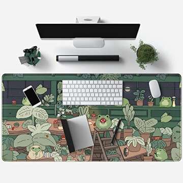 Cute Frog Mouse Pad Desk Pad Kawaii Green Desk Decor Mat, Large Gaming Mouse Pad for Desk Computer Keyboard Laptop, Desk Decor Home Office Accessories for Girl (31.5x15.7 in)-with Stitched Eges Pad