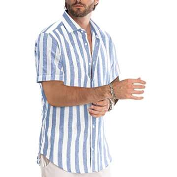 JMIERR Men's Summer Casual Stylish Short Sleeve Button-Down Shirts Cotton Linen Vertical Striped Business Dress Shirts Beach Shirt Vacation Outfits, M, Sky Blue