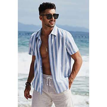 JMIERR Men's Summer Casual Stylish Short Sleeve Button-Down Shirts Cotton Linen Vertical Striped Business Dress Shirts Beach Shirt Vacation Outfits, M, Sky Blue