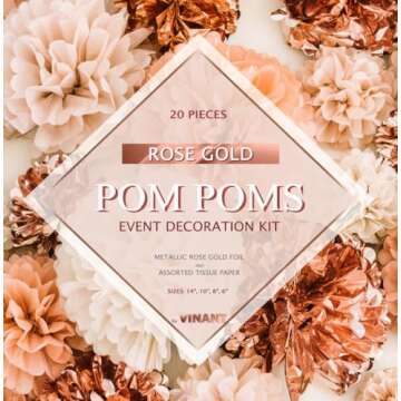 20 PCS Rose Gold Party Decorations - Metallic Foil and Tissue Paper Pom Poms - Birthday Party Decoration - Baby Shower - Bridal Shower - Bachelorette - Garden Party - 14", 10", 8", 6"