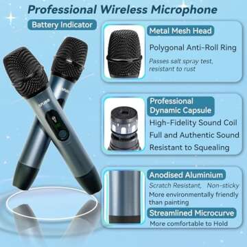 AFUOO Wireless Microphone Set for Singing, Speeches & Events, 2.4GHz Dual-Mic Receiver, 200ft, Storage Bag Included, Metal Cordless Mic 2 Pack for Karaoke Machines, PA Systems, Mixer & More, Gray-Blue