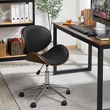 Yaheetech Ergonomic Home Office Desk Chair Modern Mid-Century Bentwood/Curved Seat Computer Chair Walnut Wood Chrome Finish Stool with 360° Swivel Wheels Faux Leather Seat Height Adjustable, Black