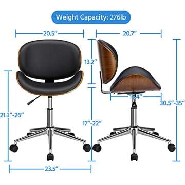 Yaheetech Ergonomic Home Office Desk Chair Modern Mid-Century Bentwood/Curved Seat Computer Chair Walnut Wood Chrome Finish Stool with 360° Swivel Wheels Faux Leather Seat Height Adjustable, Black