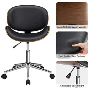 Yaheetech Ergonomic Home Office Desk Chair Modern Mid-Century Bentwood/Curved Seat Computer Chair Walnut Wood Chrome Finish Stool with 360° Swivel Wheels Faux Leather Seat Height Adjustable, Black