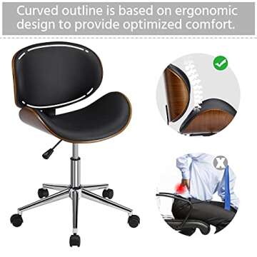 Yaheetech Ergonomic Home Office Desk Chair Modern Mid-Century Bentwood/Curved Seat Computer Chair Walnut Wood Chrome Finish Stool with 360° Swivel Wheels Faux Leather Seat Height Adjustable, Black