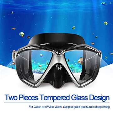 Snorkel Diving Mask Panoramic HD Swim Mask, Anti-Fog Scuba Diving Goggles,Tempered Glass Dive Mask Adult Youth Swim Goggles with Nose Cover for Diving, Snorkeling, Swimming (A-Black)