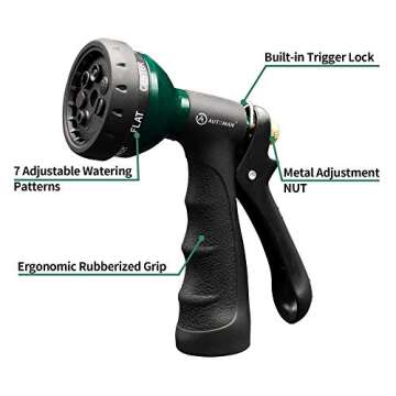 AUTOMAN-Garden-Hose-Nozzle, Metal Water Spray Nozzle with Heavy Duty 7 Adjustable Watering Patterns,Slip Resistant for Watering Plants,Lawn& Garden,Washing Cars,Cleaning,Showering Pets & Outdoor Fun.