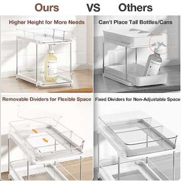 Delamu 2-Tier Multi-Purpose Bathroom Cabinet Organizer, Pull Out Under Sink Organizers and Storage, Stackable Pantry Organization and Storage, Clear Under Cabinet Storage with Movable Dividers