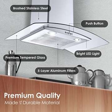 Range Hood 30 Inch, Tieasy Wall Mount Kitchen Hood with Ducted/Ductless Convertible Duct, Stainless Steel Chimney and Aluminum Filters, LED Lights, 3 Speed Fan, Push Button