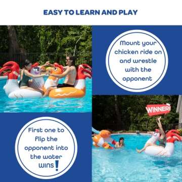 SCS Direct Chicken Fight Inflatable Pool Float Game Set - Includes 2 Giant Battle Ride-Ons - Flip Your Friends to Win- Perfect for Outdoor Swimming Party Activities Fun w/Kids Family Adults, Xmas Gift