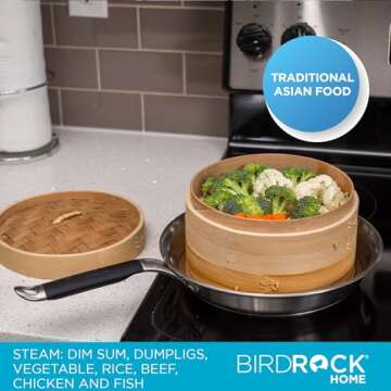 BIRDROCK HOME 10-Inch Bamboo Steamer - Classic 2 Tier Design for Steaming Veggies, Dumplings, Dim Sum, Chicken, Fish, & Asian Food - Natural Eco-Friendly Steaming Basket, Ideal for Healthy Cooking