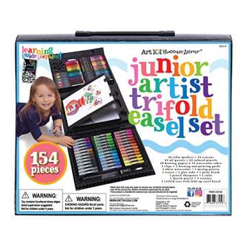 Art 101 USA Budding Artist 154 Pc Junior Artist Trifold Easel Set, Includes markers, crayons, oil pastels, watercolor paints, and colored pencils, Case, pop up easel, Portable Art Studio , White