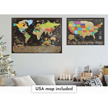 Two Scratch-Off Maps: World Map 17x24" + USA Map - Deluxe Travel Posters - Colorful Countries, US States, and Flags - Easy Scratch-Off Maps with Accessories for Travel Lovers - Name Tag Gift Box