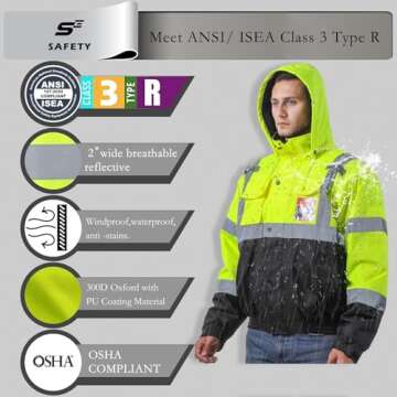 Reflective Hi Vis Winter Jacket, Safety Yellow Jackets for Men, High Visibility Work Construction Jackets