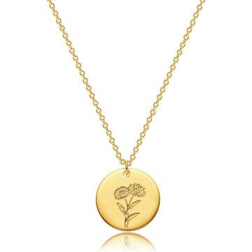 Mevecco Birth Flower Necklace 18k Gold Engraved Custom Floral Pendant Necklaces Dainty Birth Month Flower Disc Charm Hand Stamped Flower Disk Necklace Personalized Jewelry Birthday Gift for Her