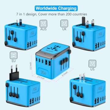 SAUNORCH Universal Travel Adapter, PD 35W 7 in 1 International Power Plug Adapter with 7.0A 4 USB-C and 2 USB-A Fast Wall Charger, Worldwide AC Outlet for US Europe UK AUS Asia - Blue