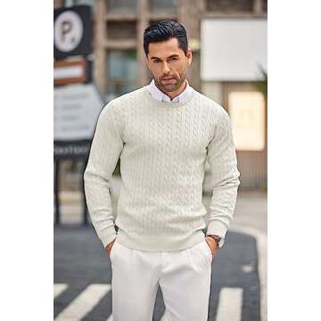 COOFANDY Men's Crewneck Knit Sweater Slim Fit Lightweight Casual Twist Patterned Cable Knitted Pullover A-White