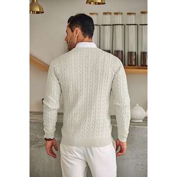 COOFANDY Men's Crewneck Knit Sweater Slim Fit Lightweight Casual Twist Patterned Cable Knitted Pullover A-White