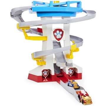 Paw Patrol Adventure Bay Lookout Tower Playset With 2 Die-Cast 1:55 Vehicles (Chase and Marshall): Twin Track Rescue Way 25 Pc Set With Launching Periscope - Accommodate Up to 6 True Metal Racing Cars