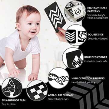 beiens High Contrast Baby Flashcards, Newborn Brain Development Toys, Visual Stimulation Learning Activity Cards, Black and White Baby Toy, 20 PCs 40 Pages 5.5'' x 5.5'' Educational Infant Shower Gift