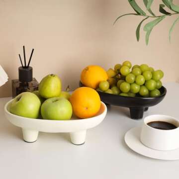 Sureasy Ceramic Fruit Bowl for Kitchen Counter, Decorative Bowl for Home Décor, Modern Pedestal Bowl with 4-Legs, 10 inch Oval Footed Bowls, Fruit and Vegetable Holder Countertop, Beige