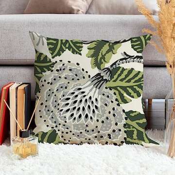 ArogGeld Green and White Grey Flower Cushion Cover Chinoiserie Pillow Cover Double Side Farmhouse Asian Accent Home Decorative Toss Pillow for Living Room Sofa Birthday Gift White Linen 18inch