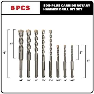 Sabre Tools 8-Piece SDS Plus Drill Bit Set, Carbide Tipped, Rotary Hammer Drill Bits for Brick, Stone, Concrete