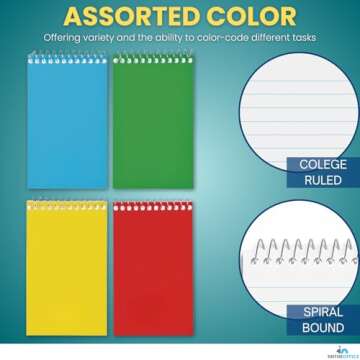 1InTheOffice Wirebound Spiral Memo Books, Memo Pads, 3" x 5", College Ruled, Small Notepad 3x5, Assorted, 75 Sheets/Pad, 5 Pads/Pack (5)