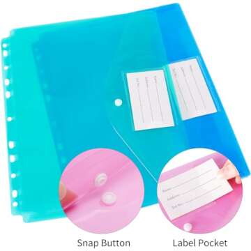 EOOUT 30pcs Binder Pocket, Binder Pockets for 3 Ring, Binder Folders, 11 Holes, Letter Size, Snap Button Pouch with Label for School, Home and Office