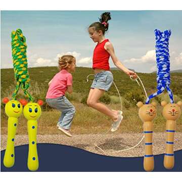 4 Pack Jump Rope with Wood Handles for Kids - Skipping Rope Great for Children and Students Outdoor Fun Activity, Party Favor, Recreation and fitness Keeping Fit.