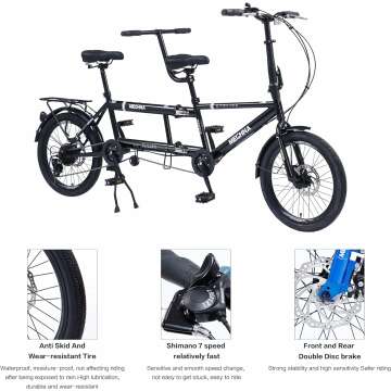 Tandem Bike - City Tandem Folding Bicycle, Foldable Tandem Adult Beach Cruiser Bike Adjustable 7 Speeds, 2-seater, CE FCC CCC