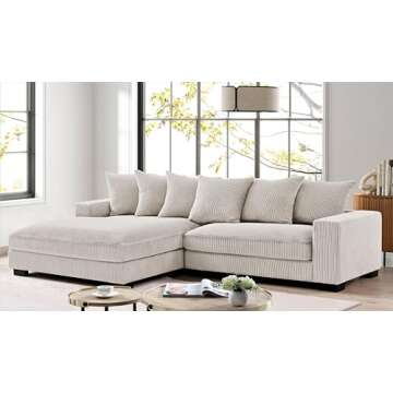 Container Furniture Direct Luxe Oversized Two-Piece Sectional Couches for Living Room, 102.4-Inch L Shaped Sofa with Chaise, Upholstered with Corduroy Fabric, Ivory - Left Facing