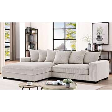 Container Furniture Direct Luxe Oversized Two-Piece Sectional Couches for Living Room, 102.4-Inch L Shaped Sofa with Chaise, Upholstered with Corduroy Fabric, Ivory - Left Facing