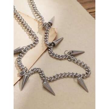 Sacina Silver-tone Chunky Chain Spike Necklace, Grunge Necklaces, Punk Necklace, Gothic Goth Necklace, Emo Necklace, Christmas New Year Jewelry Gift For Women