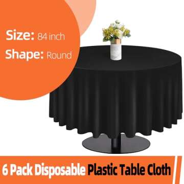 tujol Black 6 Pack Plastic Table Cloth 84", Disposable Round Tablecloth Table Cover, Plastic Table Cloths for Parties