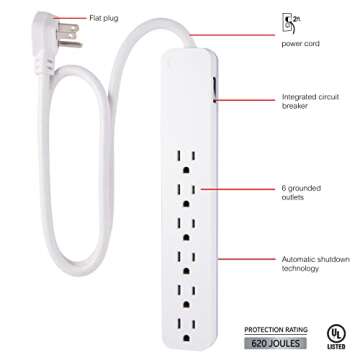 GE Pro 6-Outlet Surge Protector, 2 Ft Extension Cord, 620 Joules, Power Strip, Flat Plug, Integrated Circuit Breaker, Wall Mount, UL Listed, White, 40532