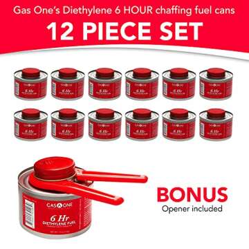 Gas One 6 Hour Chafing Fuel - Food Warmer for Chafing Dish Buffet Set - Liquid Safe Fuel With Wick & Lid Opener 7.4 Oz (Pack of 12)