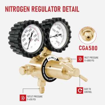 RX WELD Nitrogen Regulator with 0-800 PSI, CGA580 Inlet, Delivery Pressure Equipment Brass Inlet Outlet Connection Gauges with Refrigeration Hose