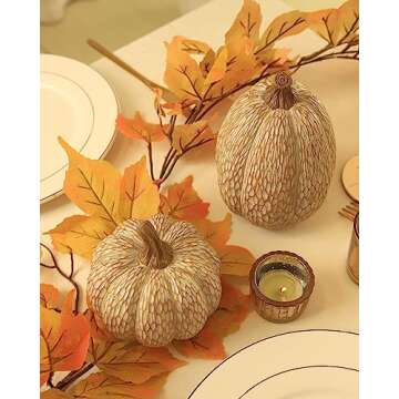 Thanksgiving Resin Pumpkin Decor, Brown and White Pumpkin Statue for Fall Harvest Decor, Faux Decorative Pumpkins Figurine for Table Centerpiece, Autumn Countryside Style Home Decor, Set of 2, Gift