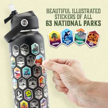 Trekking The National Parks Water Bottle with 63 Waterproof Stickers & 3 Lids (Straw, Spout, & Chug) | 32 Oz Insulated Wide Mouth Stainless Steel Bottle for Camping & Hiking | BPA-Free and Leak-Proof