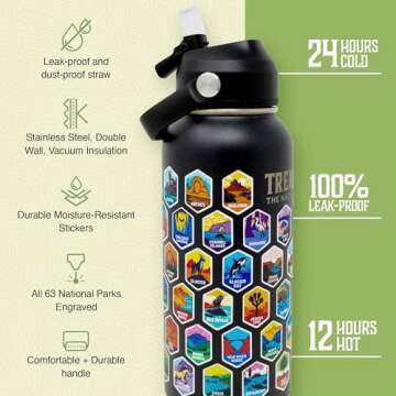 Trekking The National Parks Water Bottle with 63 Waterproof Stickers & 3 Lids (Straw, Spout, & Chug) | 32 Oz Insulated Wide Mouth Stainless Steel Bottle for Camping & Hiking | BPA-Free and Leak-Proof