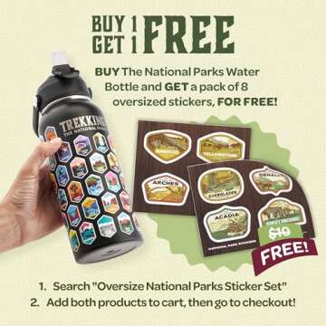 Trekking The National Parks Water Bottle with 63 Waterproof Stickers & 3 Lids (Straw, Spout, & Chug) | 32 Oz Insulated Wide Mouth Stainless Steel Bottle for Camping & Hiking | BPA-Free and Leak-Proof